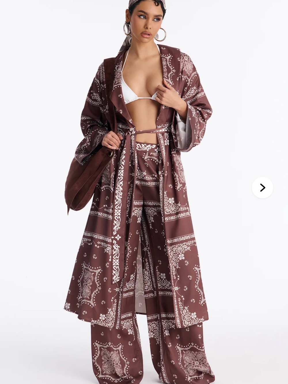 NWT Brown Bandana-Print Satin Robe & Pant Lounge Set Size XL